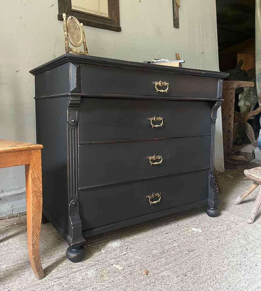 Small Antique Black Painted Pine Chest of Drawers