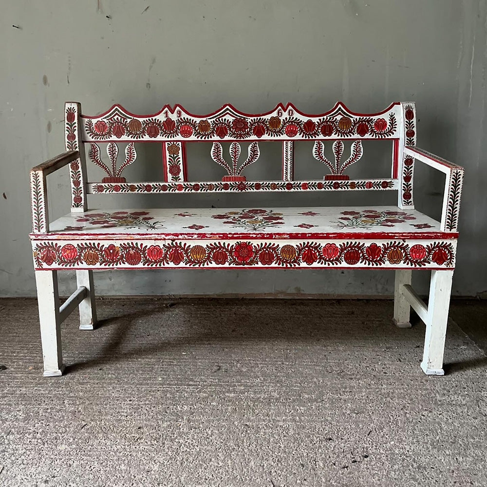 Small Decorative Folk Painted Marriage Bench | John Cornall