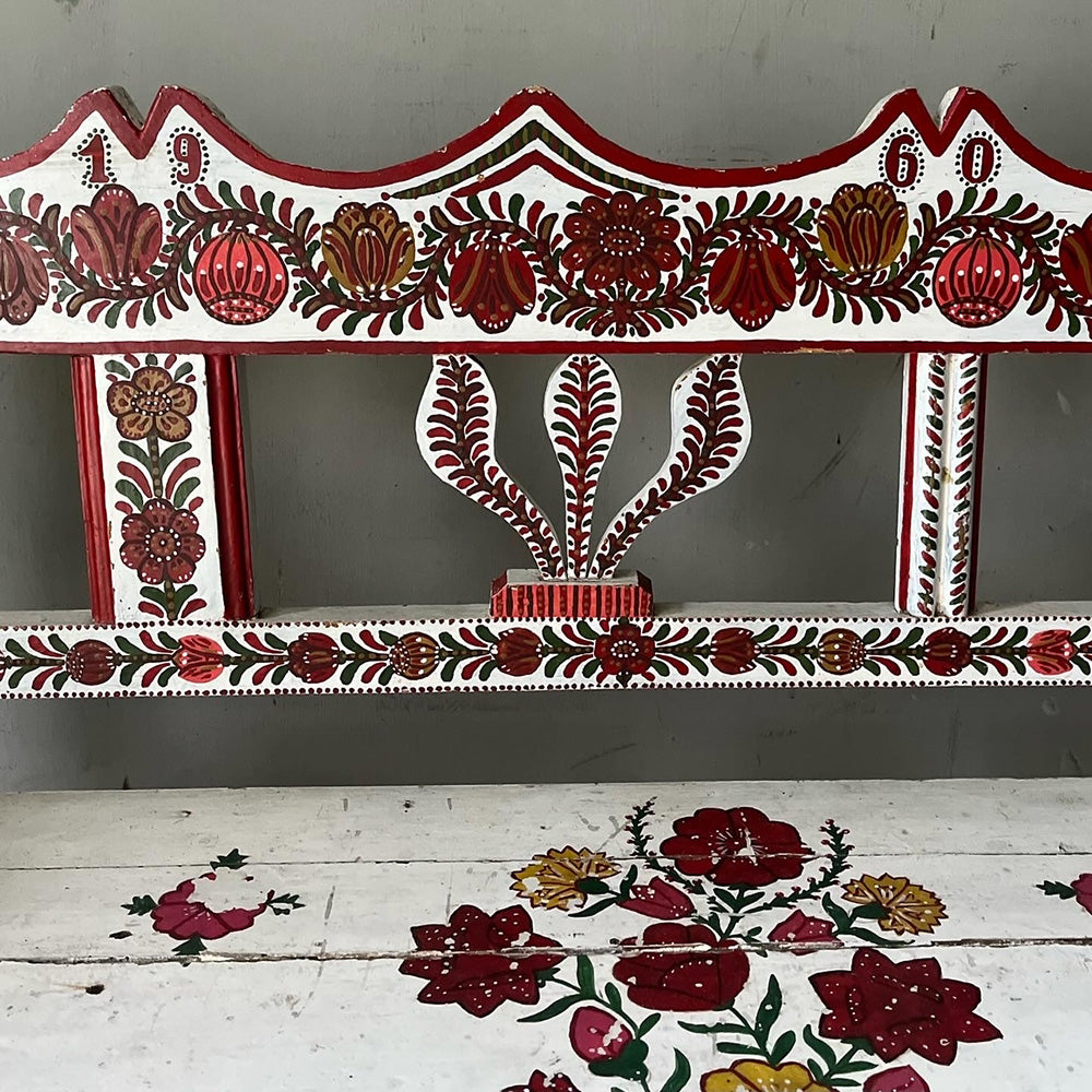 Small Decorative Folk Painted Marriage Bench | John Cornall