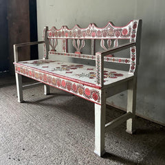 Small Decorative Folk Painted Marriage Bench | John Cornall