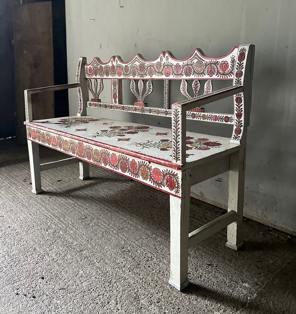 Small Decorative Folk Painted Marriage Bench | John Cornall