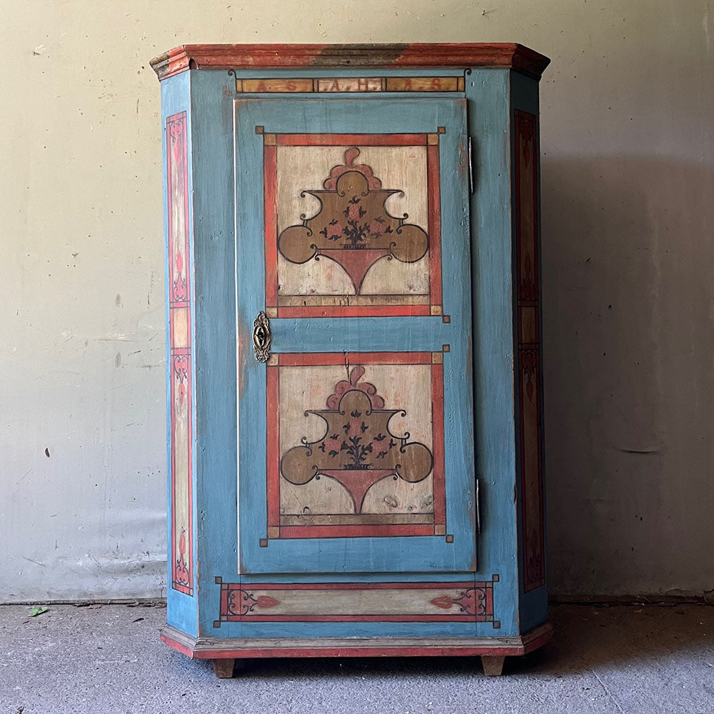 Smaller Antique Pine Marriage Cupboards in Red, Cream, Black and Blue | John Cornall