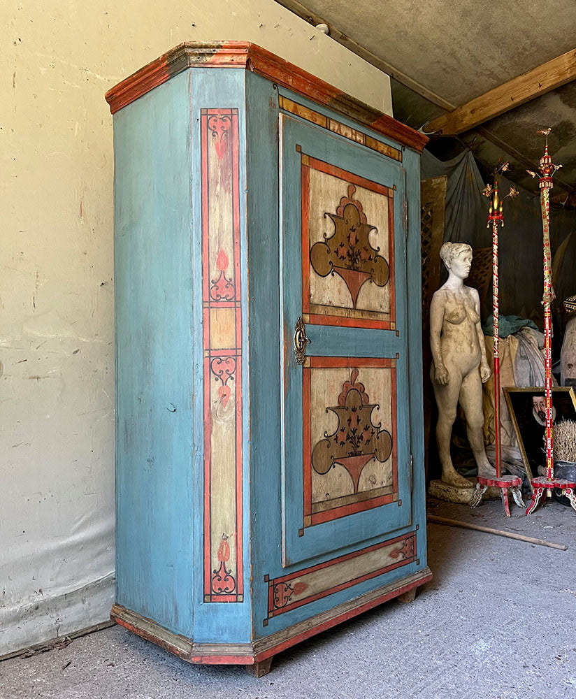 Smaller Antique Pine Marriage Cupboards in Red, Cream, Black and Blue | John Cornall