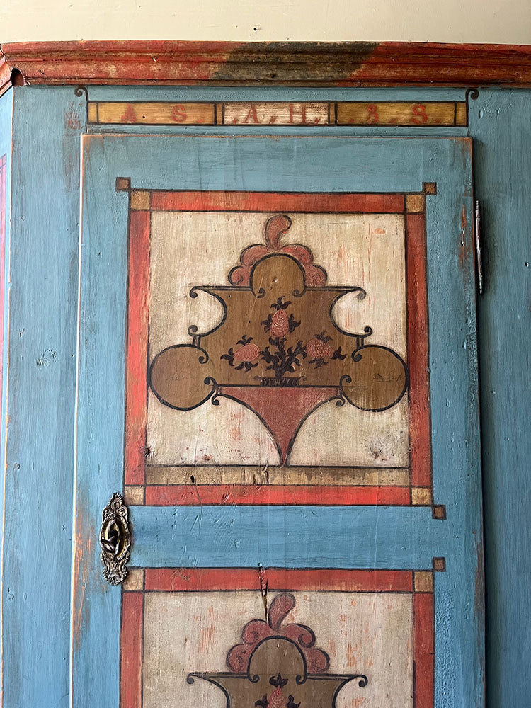 Smaller Antique Pine Marriage Cupboards in Red, Cream, Black and Blue | John Cornall