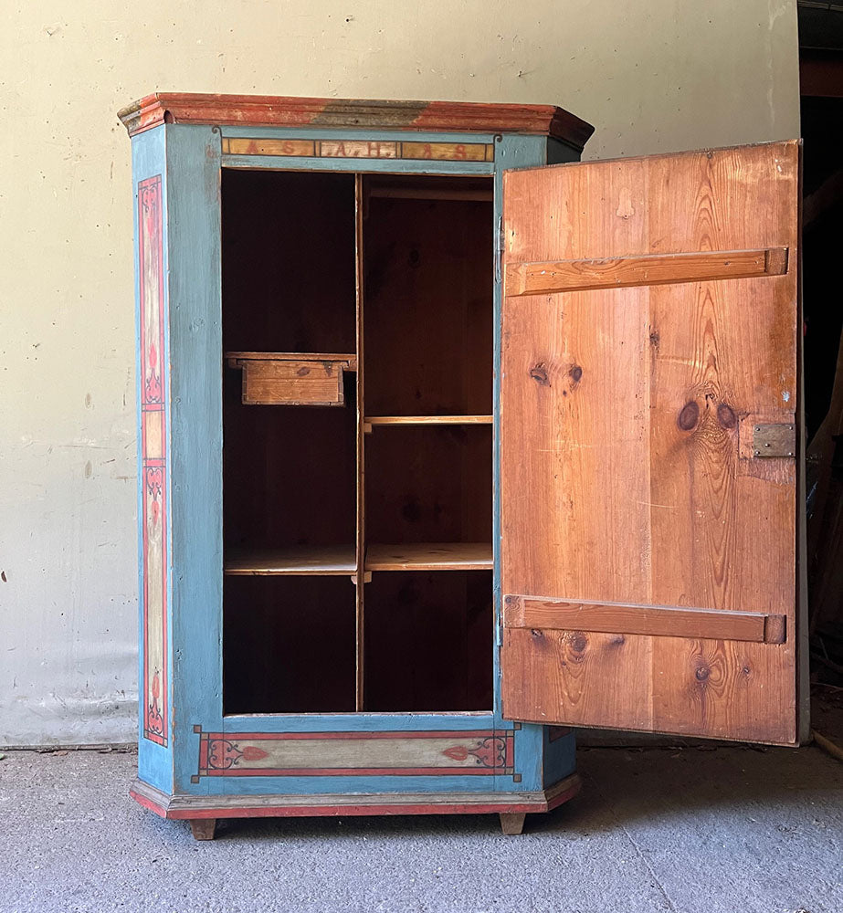 Smaller Antique Pine Marriage Cupboards in Red, Cream, Black and Blue | John Cornall