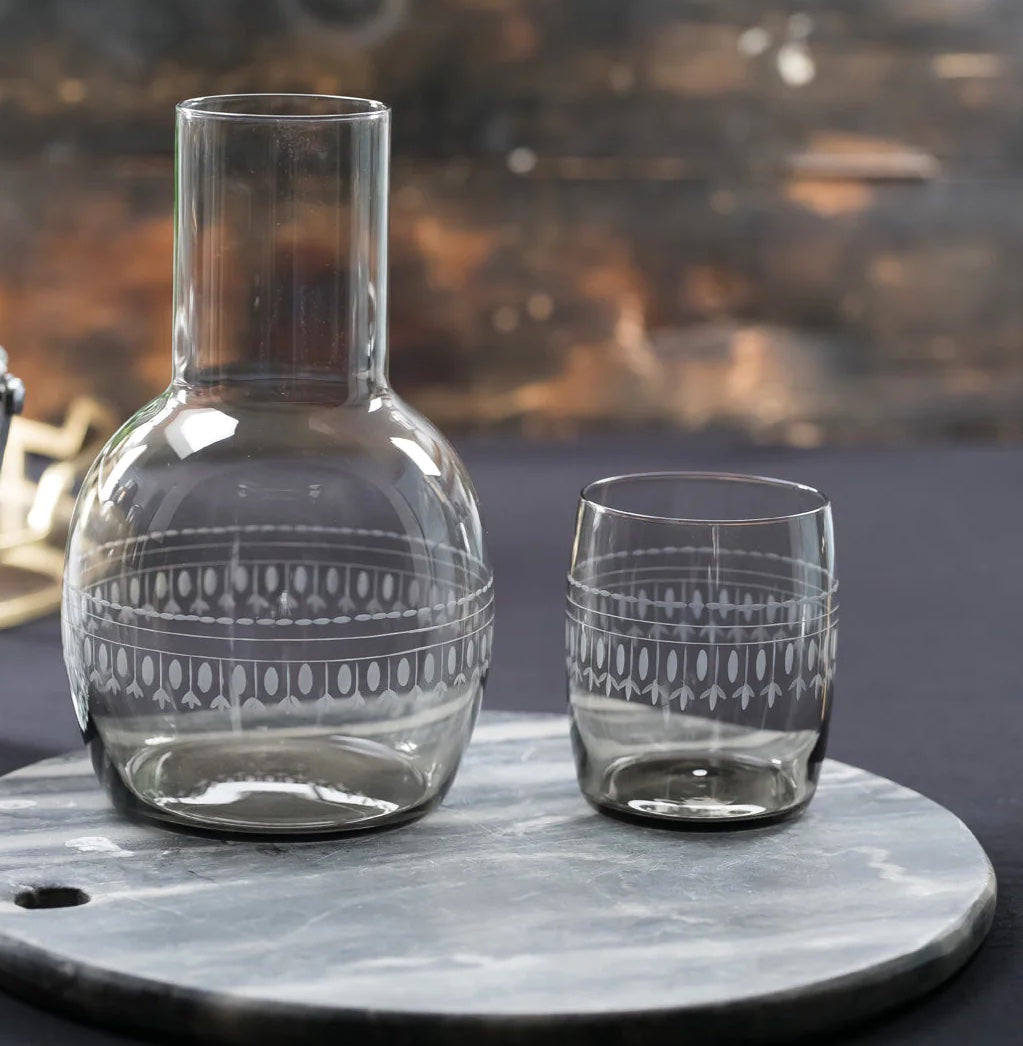 Smoky Crystal Carafe & Glass Set with Ovals Design