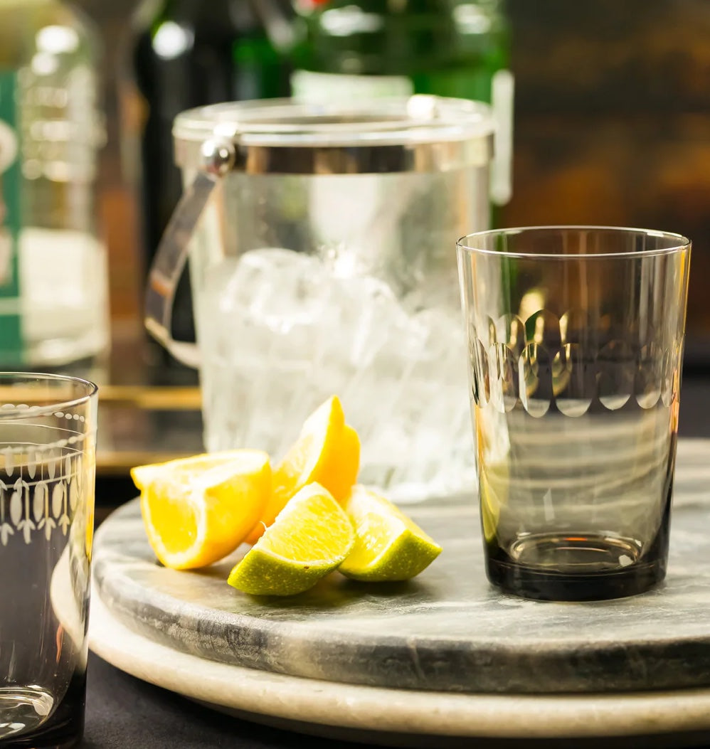 Set of 4 Smoky Coloured Crystal Tumblers with Lens Design