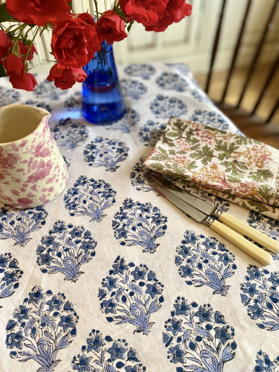 Starflower' Hand Block Printed Blue Floral Tablecloth