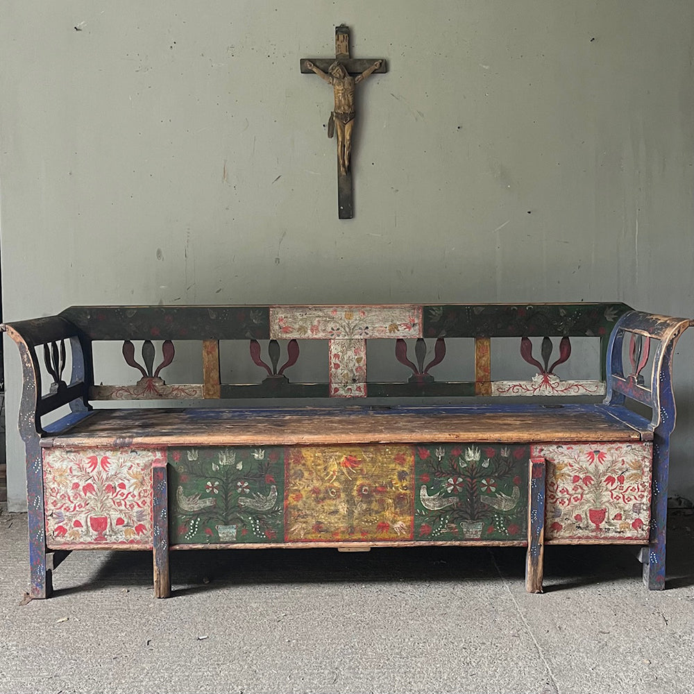 Superb Folk Painted Marriage Bench with Birds & Tree of Life