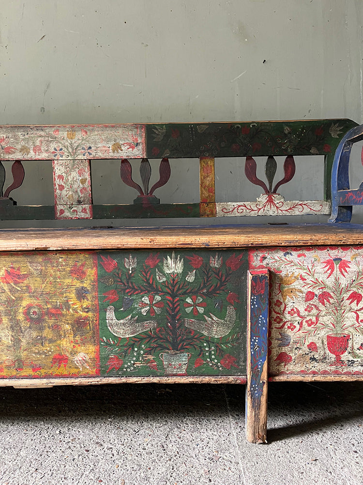 Superb Folk Painted Marriage Bench with Birds & Tree of Life