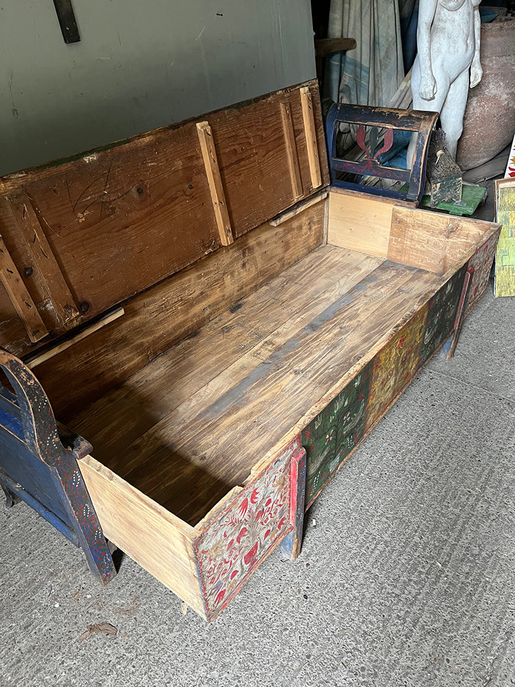 Superb Folk Painted Marriage Bench with Birds & Tree of Life