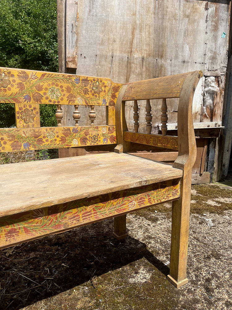 Superb Long Folk Painted Marriage Bench