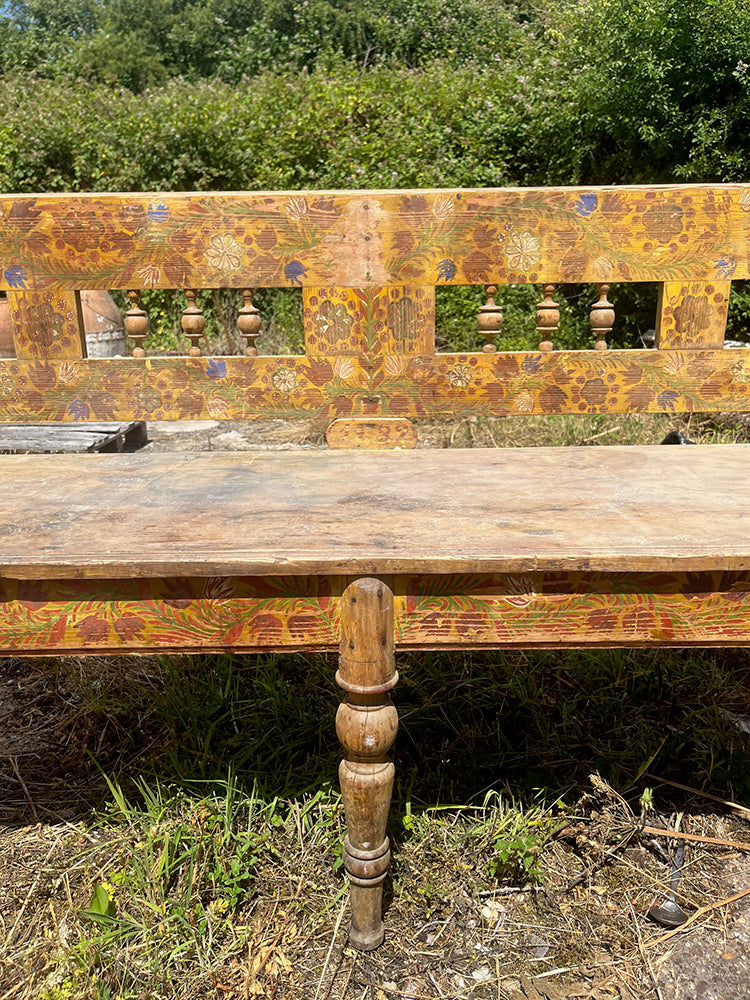 Superb Long Folk Painted Marriage Bench