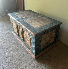 Superior Antique Pine Marriage Chest with Blue and Floral Folk Painting