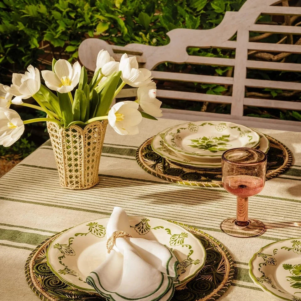 Green & Oatmeal Stripped Linen Tablecloth | Cass By JJ