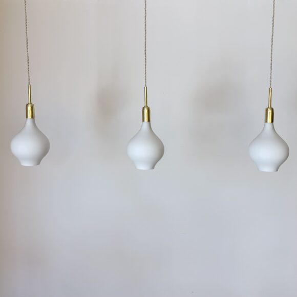 Three Mid Century White Matte Shade Pendant