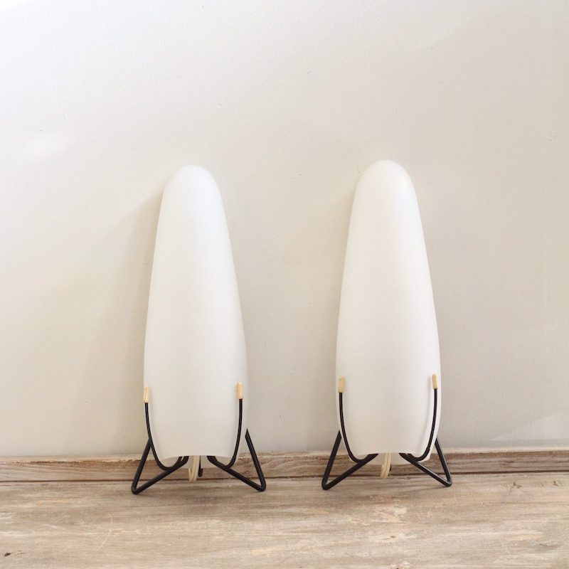 Vintage Mid-Century French White Conical Opaque Shades Wall Lights