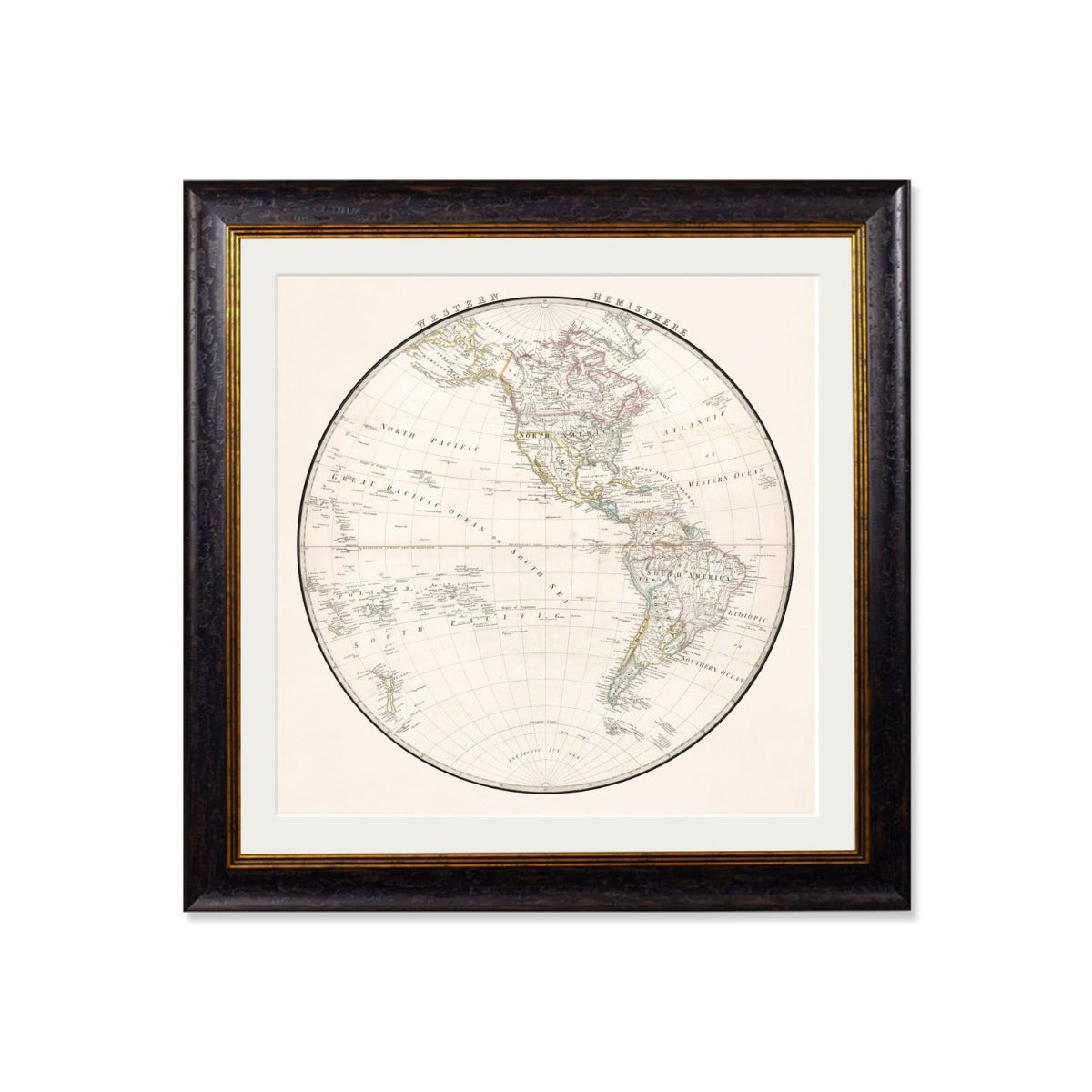 C.1838 World Map Hemispheres Vintage Framed Prints