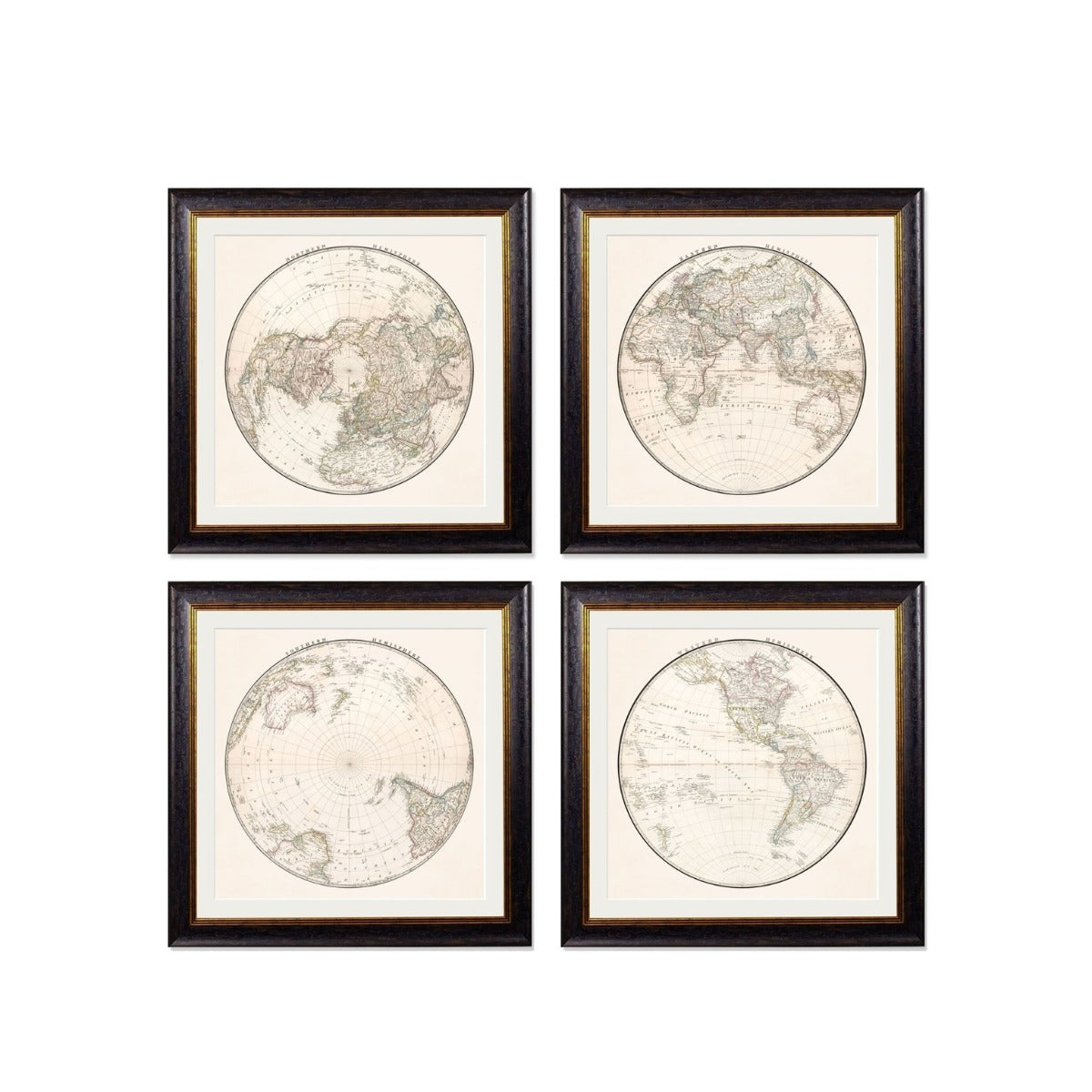 C.1838 World map Hemispheres Round Frames Vintage prints