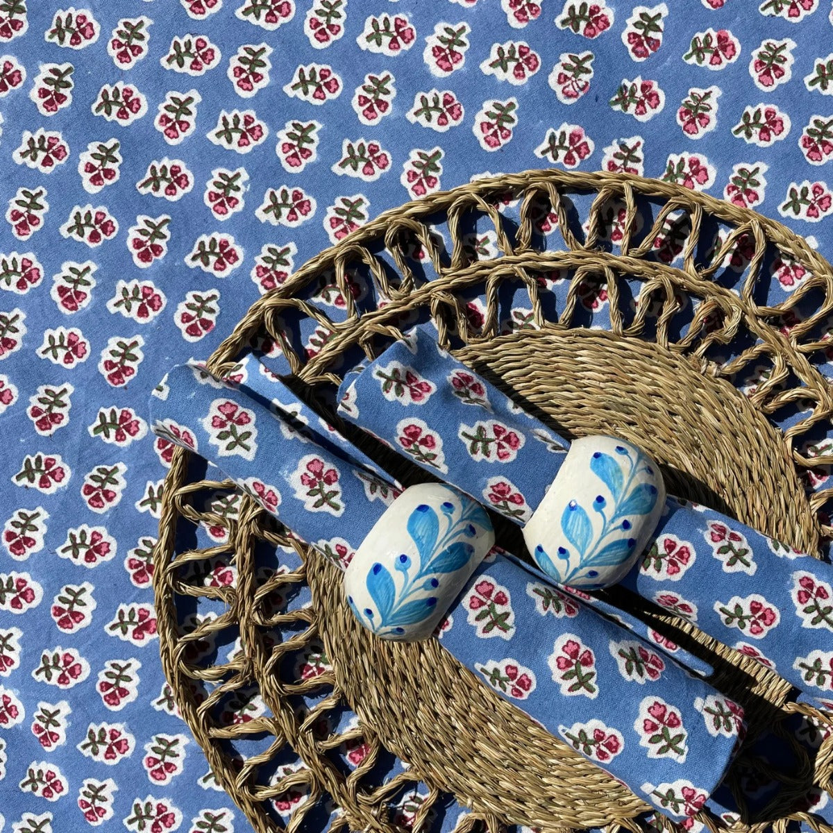 Blue floral hand block printed tablecloth 