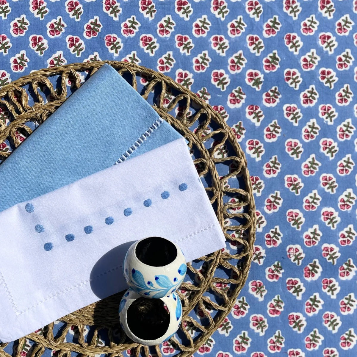 Ditsy' Azure Blue & Pink Floral Tablecloth