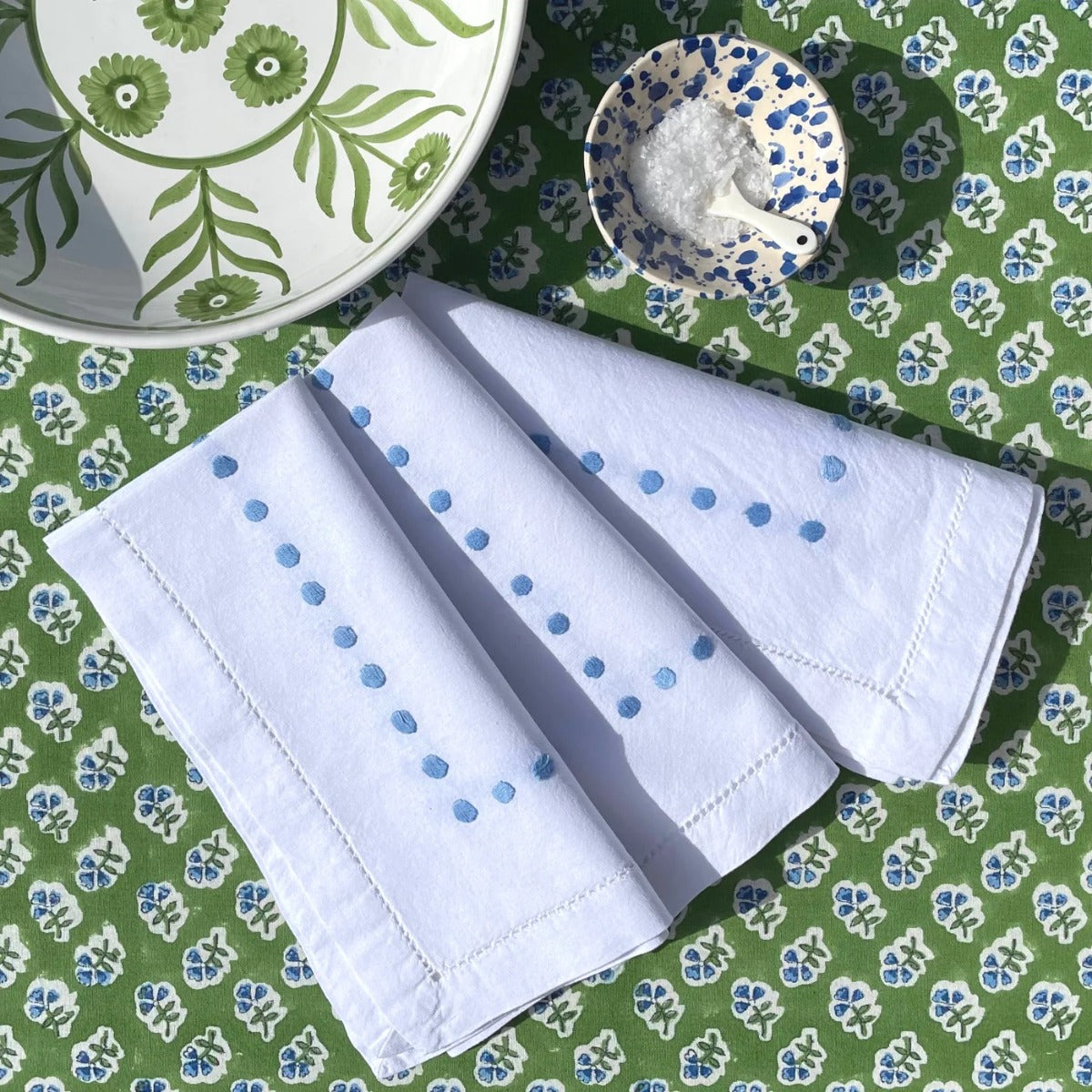 green and blue hand block printed tablecloth floral