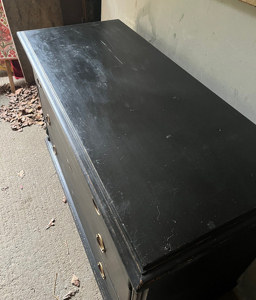 Wide Neo-Classical Antique Chest of Drawers in Warm Black