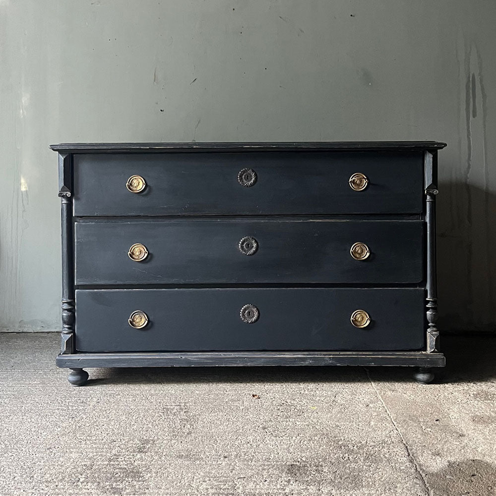 Wide Antique Pine Chest of Drawers in Black with Greek Columns