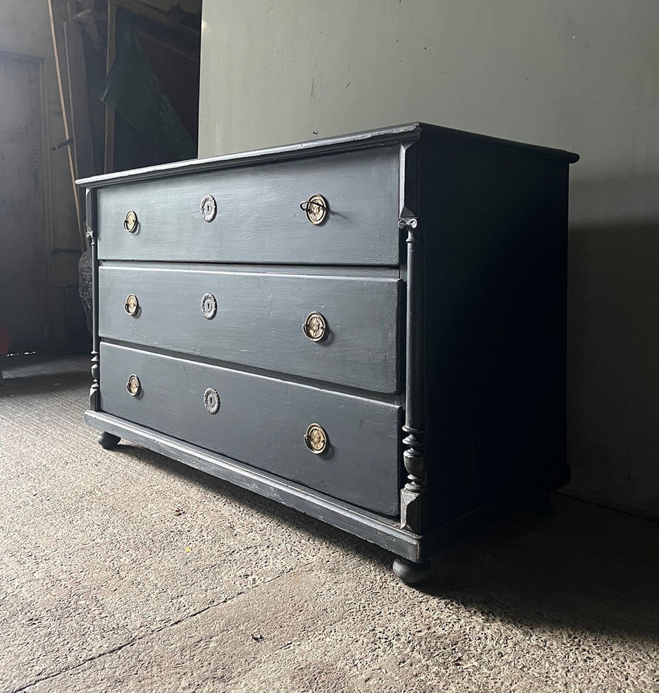 Wide Antique Pine Chest of Drawers in Black with Greek Columns